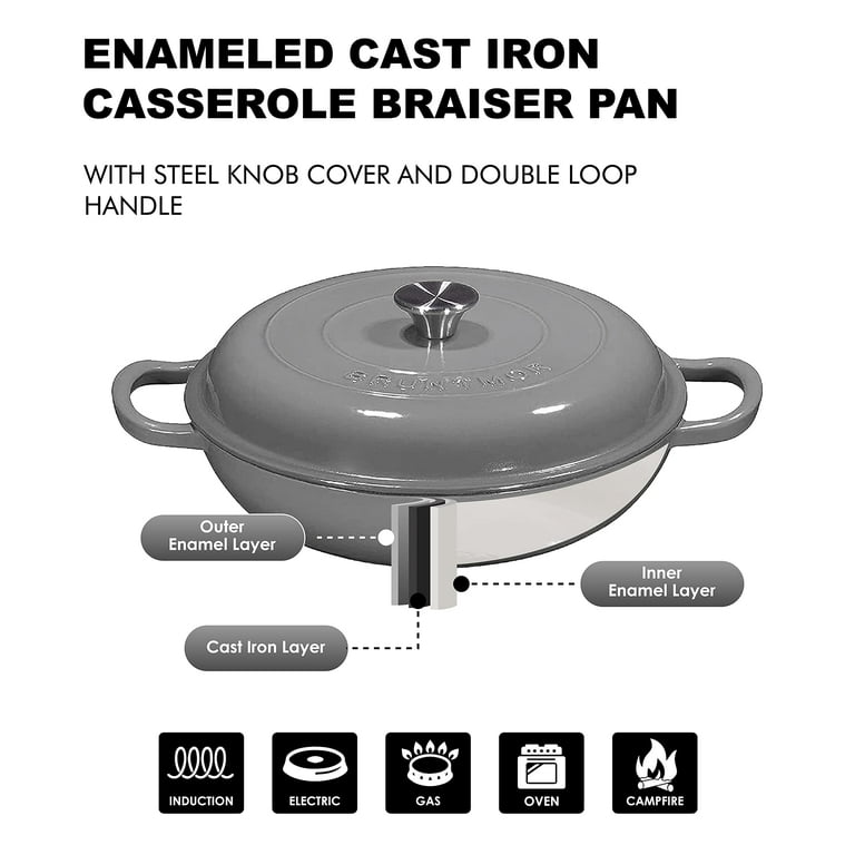COOKWIN Cast Iron Casserole Braiser,3.8 Quart Enameled Cast Iron Pan,Heavy  Duty Casserole Skillet with Lid and Dual Handles,Porcelain Surface