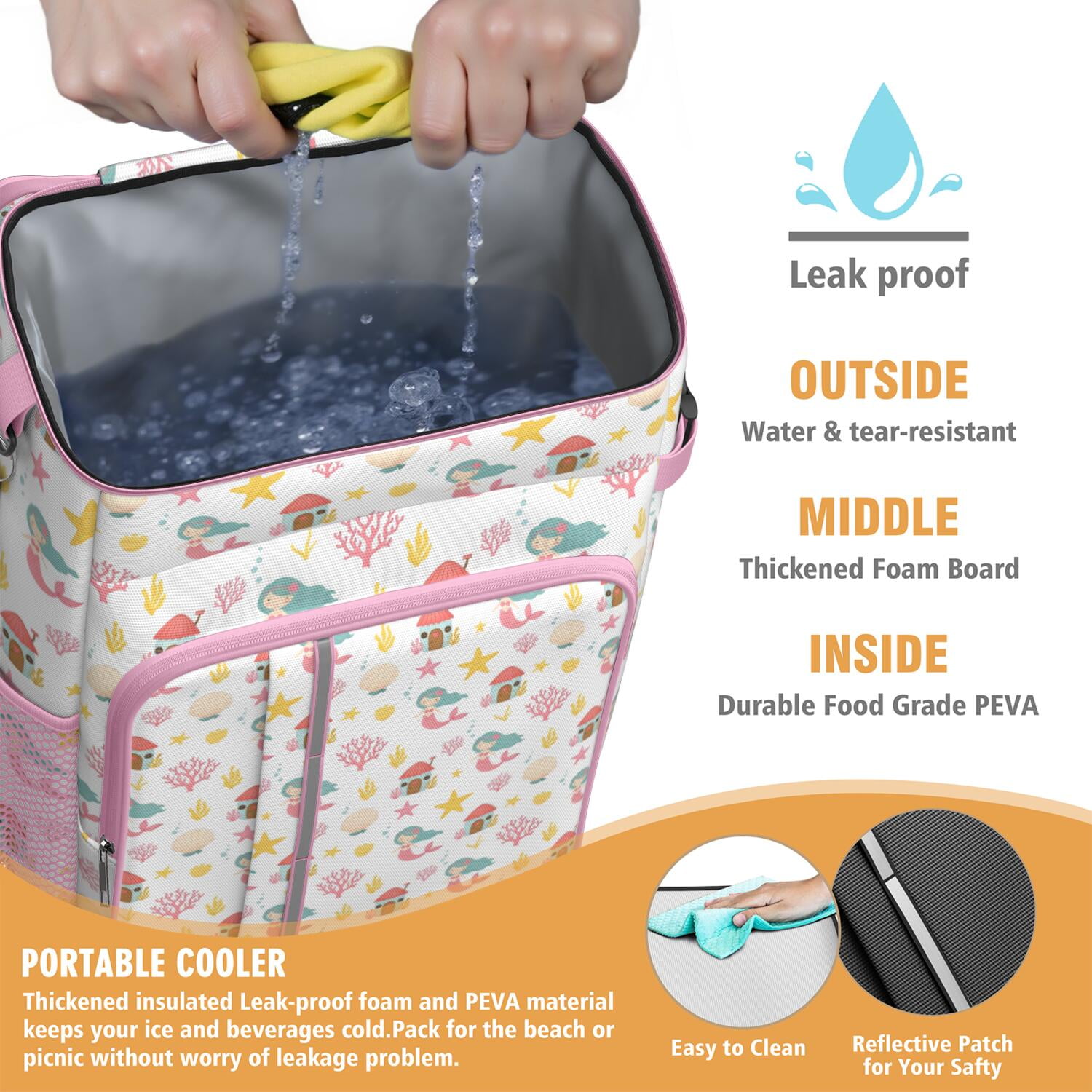 Travel Cooler Bag - White Mermaid Pattern Camping Beer Cooler Backpack with Bottle Opener- Waterproof Insulated Picnic Backpacks - Cooler Bag for Beach