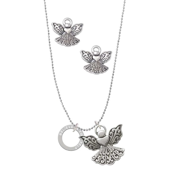 Delight Jewelry Silvertone Believe in Yourself Infinity Ring Silver tone Guardian Angel Charm Necklace and Stud Earrings