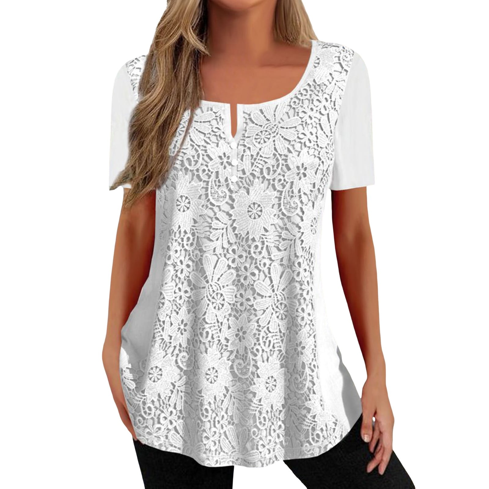 Youmylove Women Shirt Blouse Solid Color Lace Short Sleeve Casual Basic ...