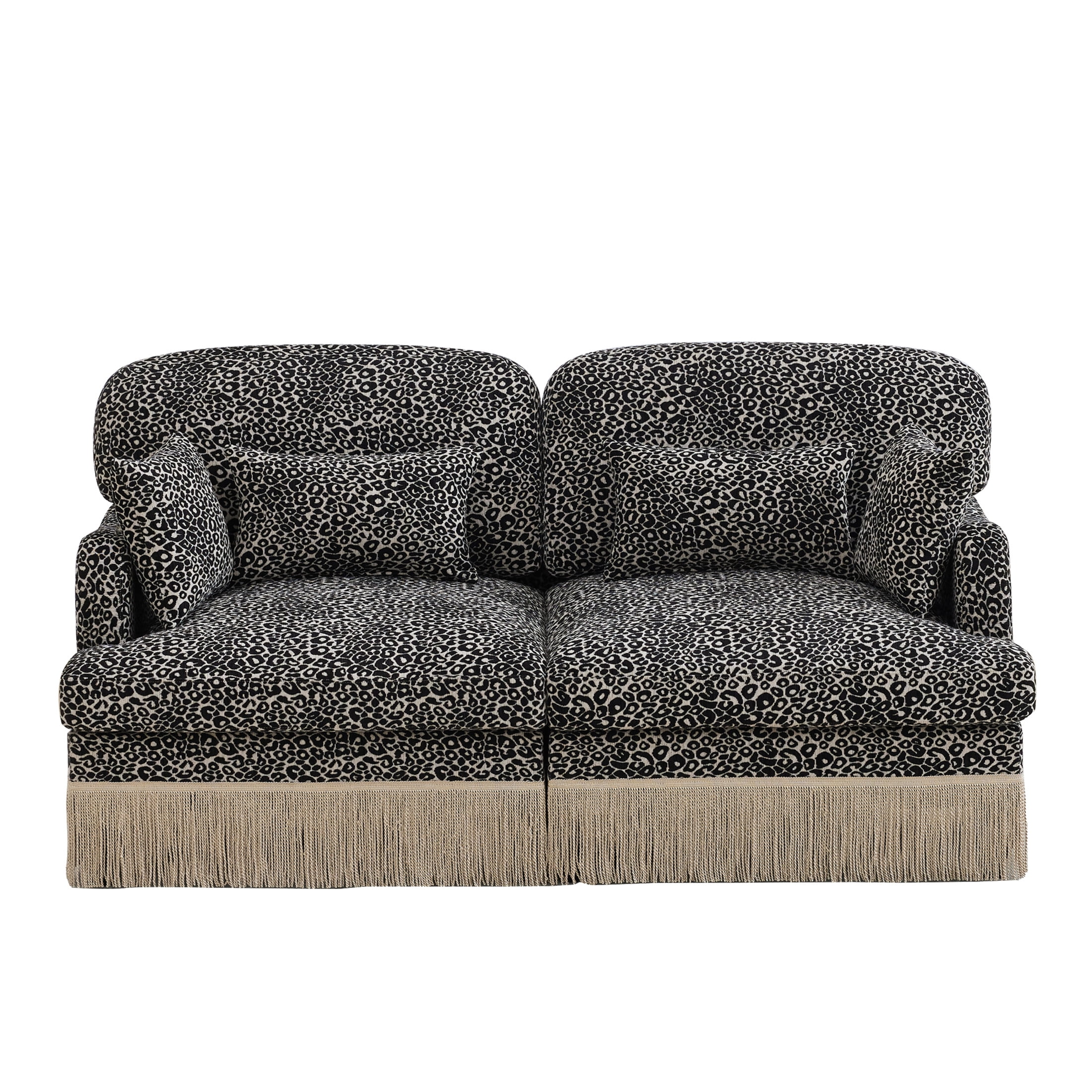 Noble House Carola Leopard Print Chenille 2-Seater Sofa, Modular Sectional Couch with Tassel Trim, Khaki