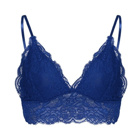 

DORKASM Unppaded Wireless Bralettes for Women Lace V Neck Deep V Everyday Bra with Strap Blue S