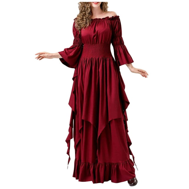 Pisexur Robe Renaissance pour Femme, Robe Médiévale à Volants Plissée, Robe à Manches Longues de Couleur Unie, Tunique à Étages, Robe de Cocktail, Costume Vintage Fluide, Robe Maxi à Dos Nu