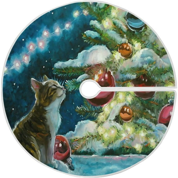 FMSHPON Christmas Oil Painting Cat Xmas Christmas Tree Skirt Stand Mat for Holiday Party Decoration Indoor Outdoor 36 inches
