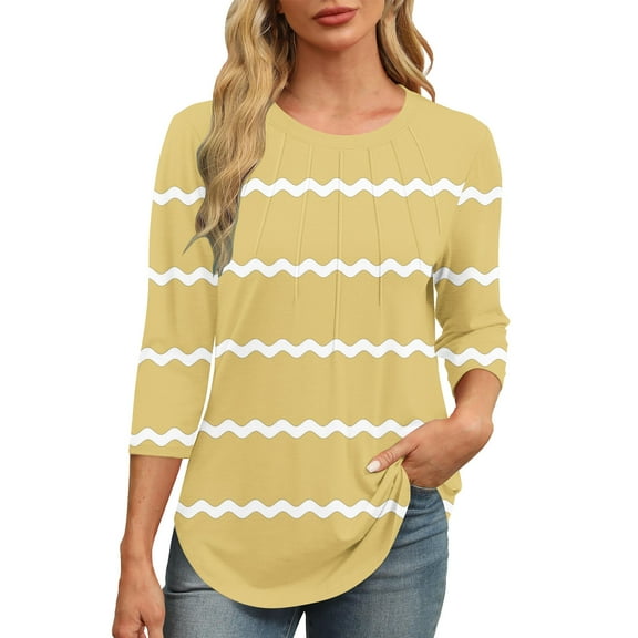 fatyb Women's 3/4 Sleeve Tops Printed Crew Neck Tunic Loose Blouses Casual Summer Shirts for Women