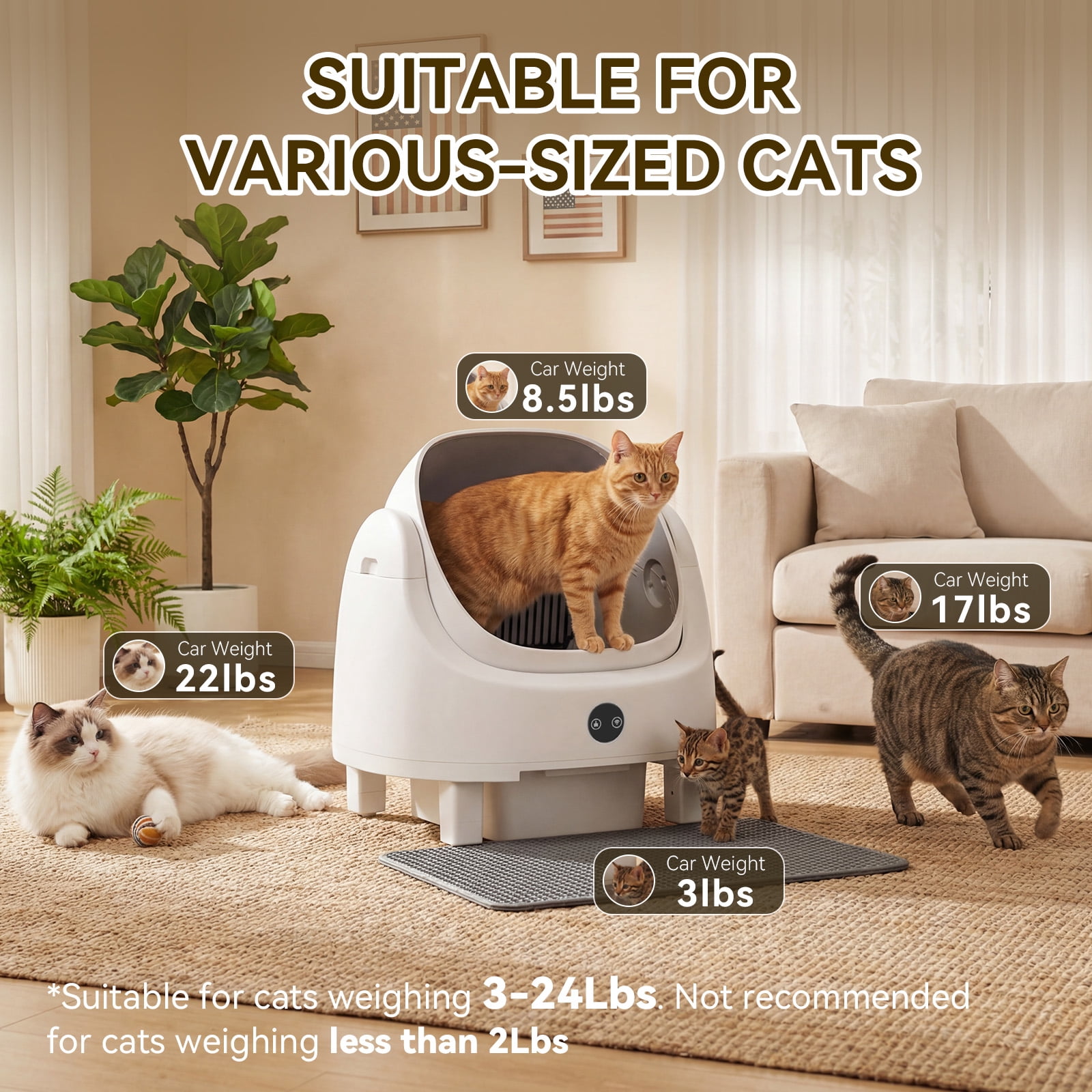 Self Cleaning Cat Litter Box, Open Top Automatic Litter Box with App Control, Safety Sensors Protection, Cat Litter Mat and Fragrance Box, White