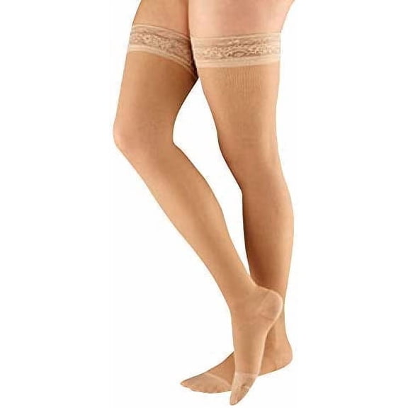 Actifi Women’s Thigh High Compression Stockings 8-15 mmHg Support Hose | Lightweight sheer breathable latex-free fabric with lace silicone top band, wide toe box and shaped heel for all-day comfort