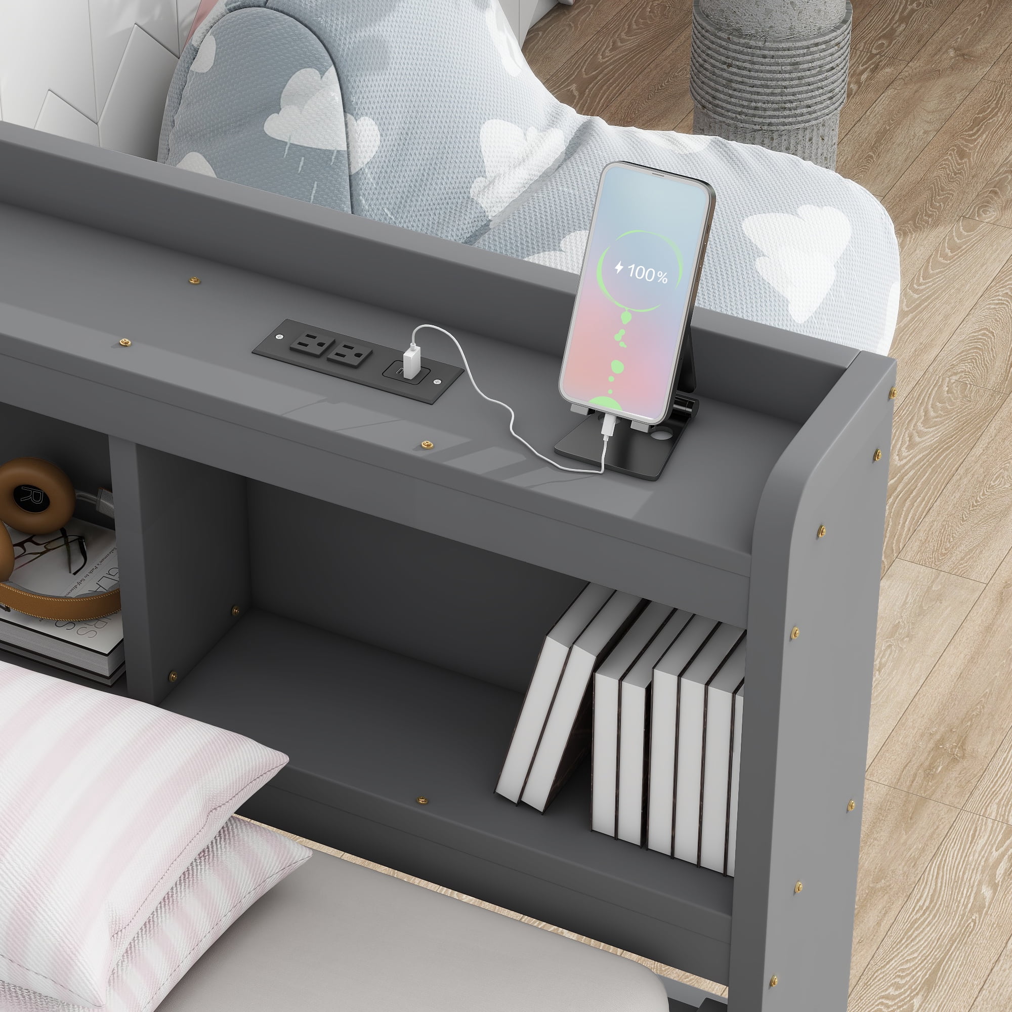 Sailvan Twin Size L-shaped Bookcases Bed with Power Outlets, USB Charging Ports,Two Drawers