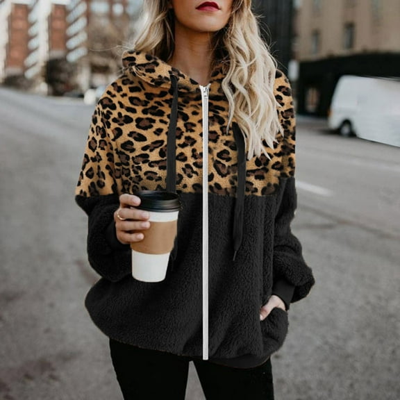 Womens Winter Jacket Womens Sherpa Hoodie Coats with Pockets Fashion Leopard Printed Fuzzy Hooded Outwear Fleece Fluffy Warm Sweatshirts Women Lightweight Jacket