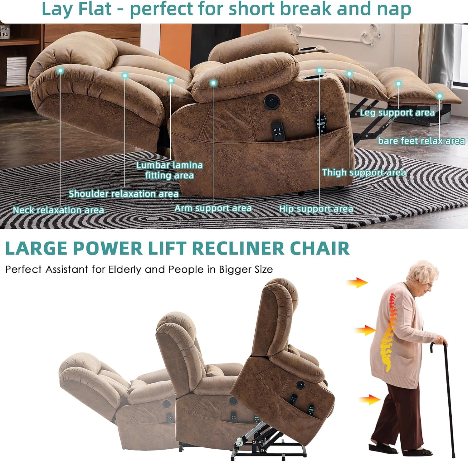 MEETWARM Oversized Dual Motor Lay Flat Power Lift Recliner Chair for Big Elderly with Heat Massage, Large Sleeping Electric Recliner with Extended Footrest, Lumbar Pillow, USB & Type-C Ports, Brown