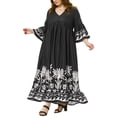 thumbnail image 4 of Vestido Floral de Talla Grande para Mujer Agnes Orinda con Escote en V, Manga de 3/4, Manga Acampanada, Elegante, Corte A, Vestido Maxi 2X Negro, 4 of 5