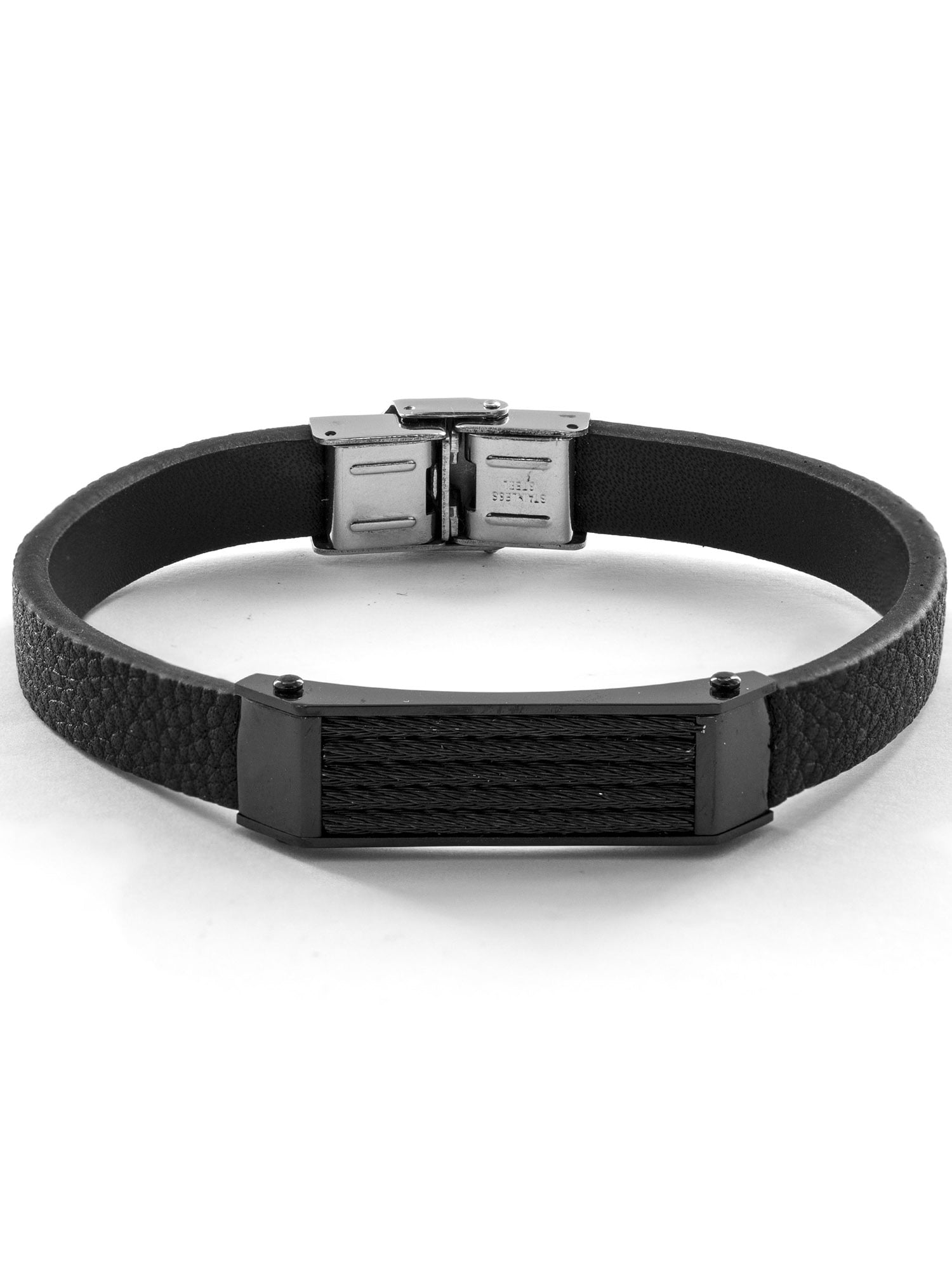 Black Leather and Stainless Steel Cable Inlayed ID Plate Bracelet ...