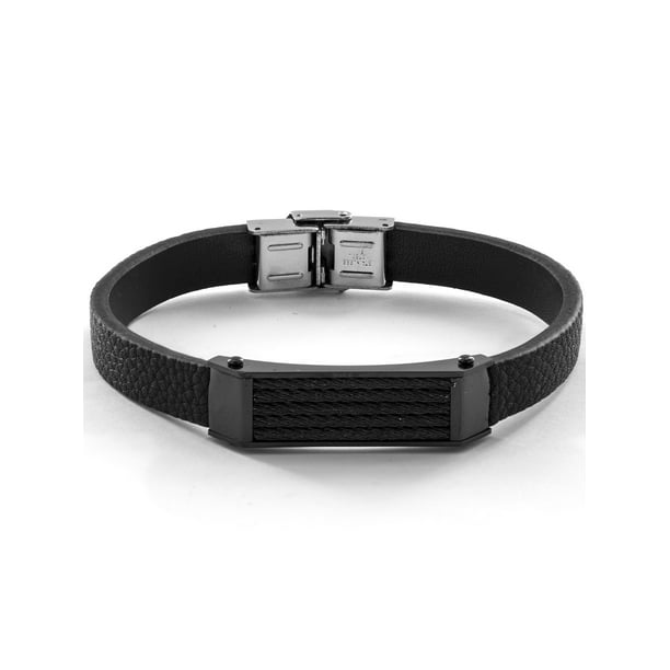 Black Leather and Stainless Steel Cable Inlayed ID Plate Bracelet ...