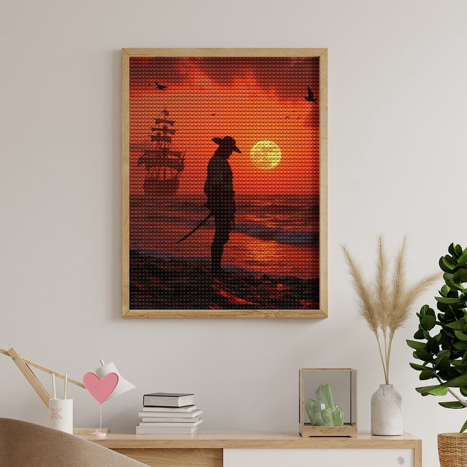 Diamond Art Kits for Adults, Pirate Sunset Silhouette Ocean Ship Moon 5D Diamond Painting Kits for Adults Beginners, DIY Full Drill Diamond Painting, Gem Art and Crafts 12x16