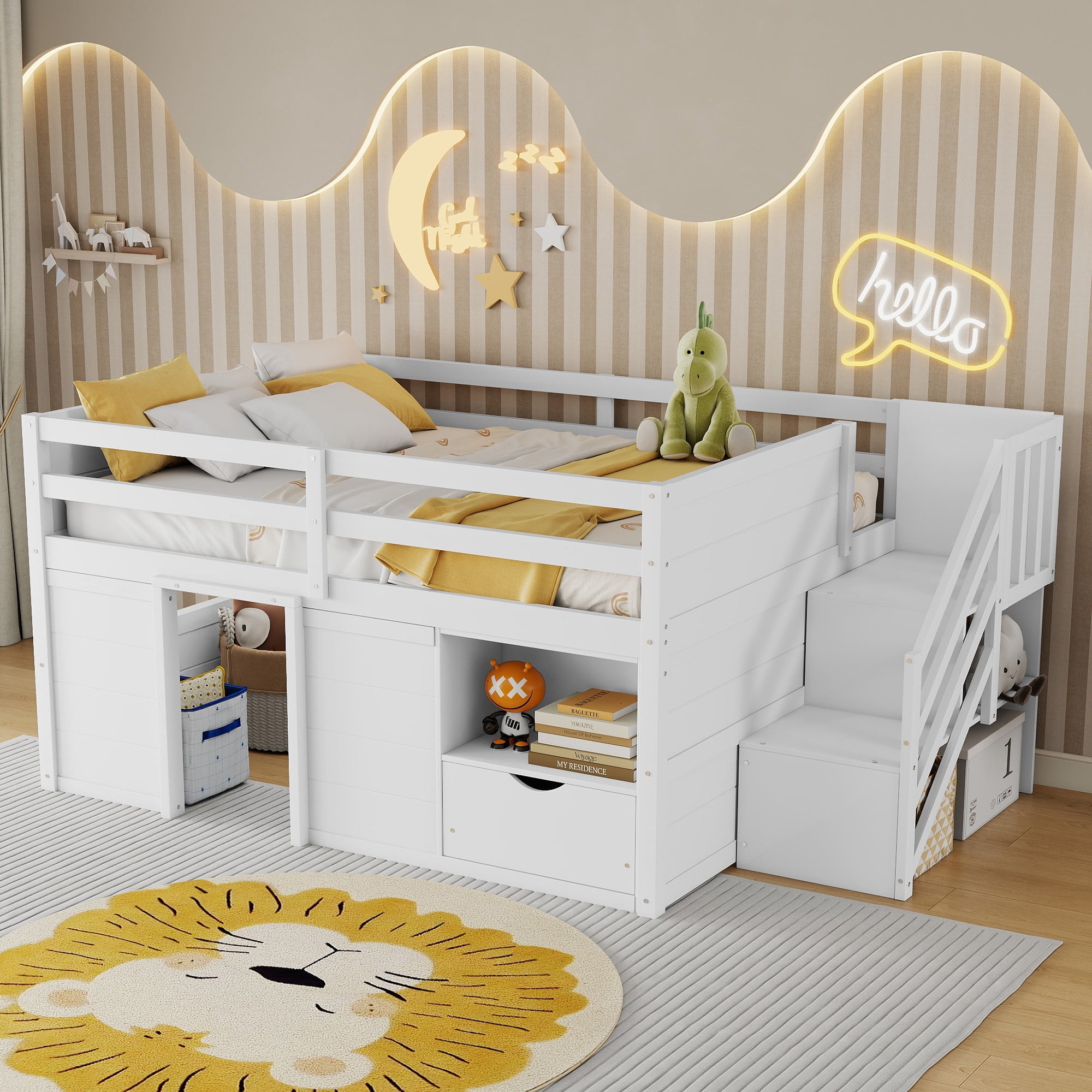 Leumius Full Size Loft Bed with Storage Stairs and Storage Drawers,Solid Wood Bed Frame with Large Under-Bed Space,White