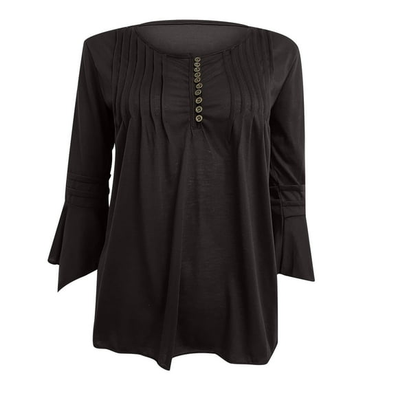 Women's Flared 3/4 Sleeve Shirts Solid Round Neck Tunic Tops Pleated T-Shirt Button Decoration Bottoming Blouse