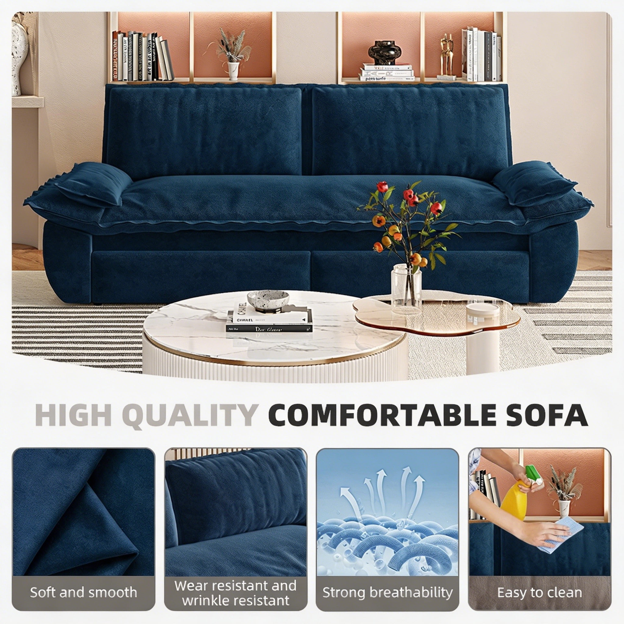 Multi-Functional Velvet 3-in-1 Convertible Sofa Bed, Queen Size Sleeper Loveseat with 2 Pillows, Dark Blue