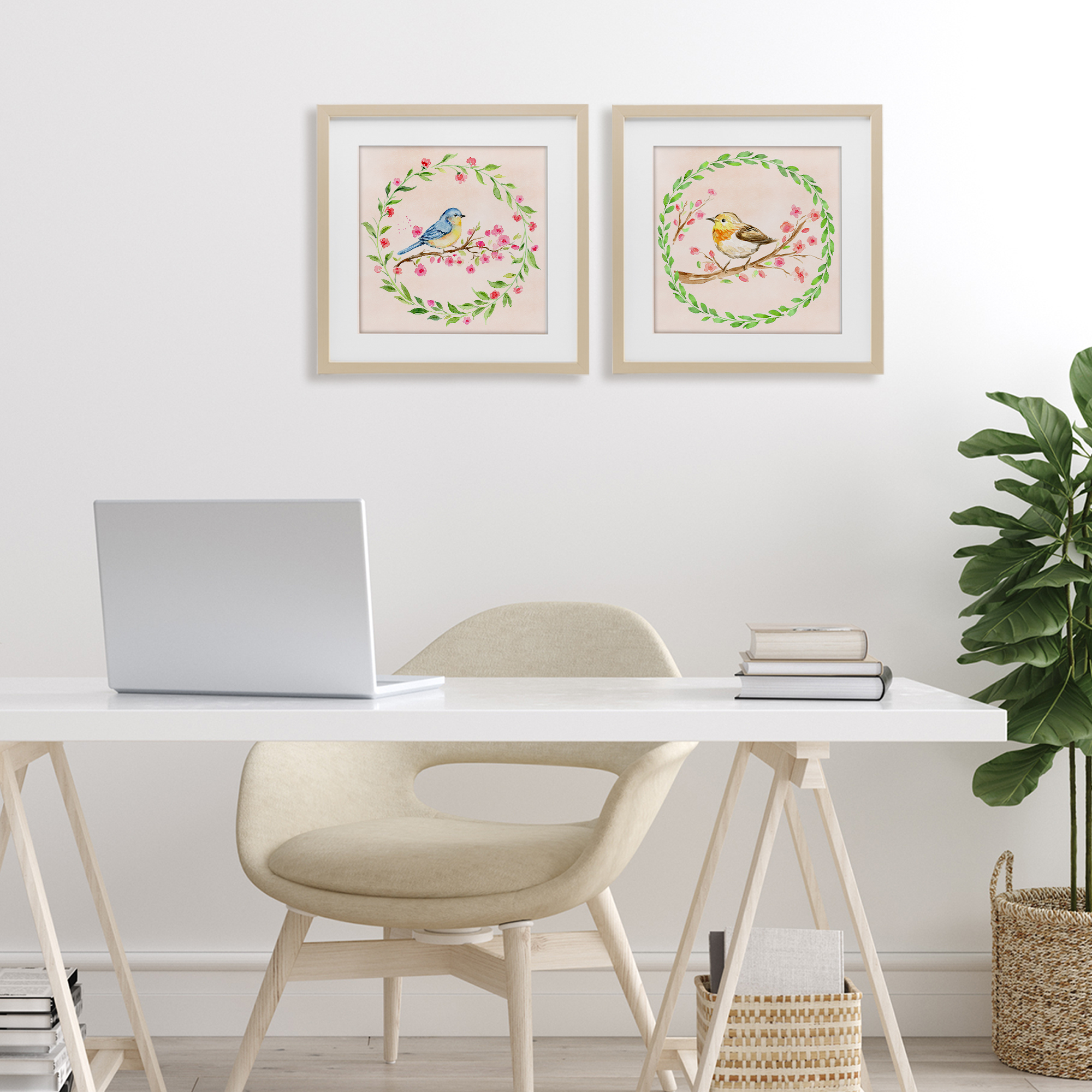 Spring Branches & Wreath Birds 2 Piece Birch Framed Print Under Glass Set, design by Elena Fay