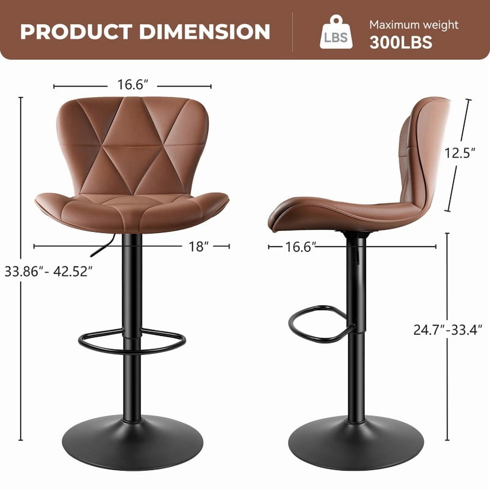 Daluvenix Modern Bar Stools Set of 1, Adjustable Swivel Counter Height Bar Chairs with Back, Faux Leather Upholstered for Kitchen Island, Brown