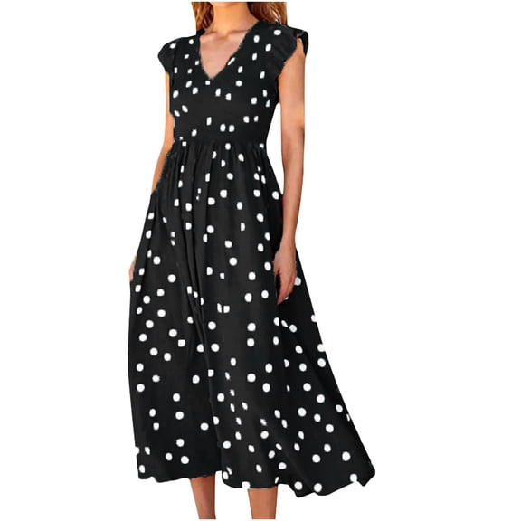 AOOCHASLIY Clarance Dresses for Women 2022Fashion Women Casual Dot Printing V-Neck Sleeveless Tie-in Waist Long Dress