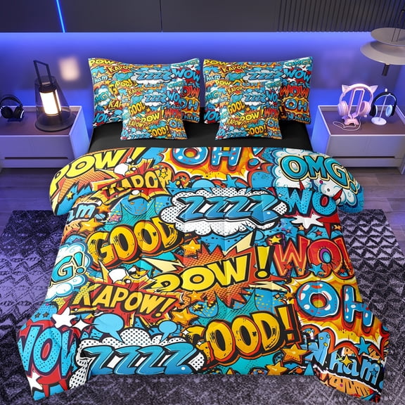 Feelyou Cartoon Art Twin Bedding Sets 7-Piece for Teens, Vintage Hip Hop Graffiti Bedding Comforter Set, Game Boy Reversible Sheet Sets, Ultra Soft Bedroom Decor