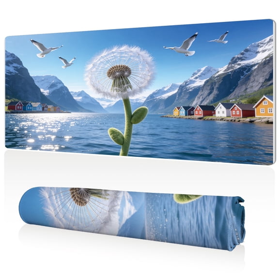 LIVEKEY Extra Large Mouse Pad 80x40x0.3cm Dandelion Field Seaside with Seagulls Full Desk Coverage Non Slip Surface Durable Easy Clean Sewn Edges for Gaming and Office Use