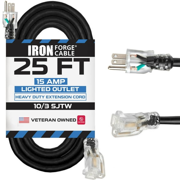 Iron Forge Cable 25 ft Lighted Outdoor Extension Cord - 10/3 SJTW Heavy Duty Black Extension Cable with 3 Prong 15 AMP Grounded Plug for Safety