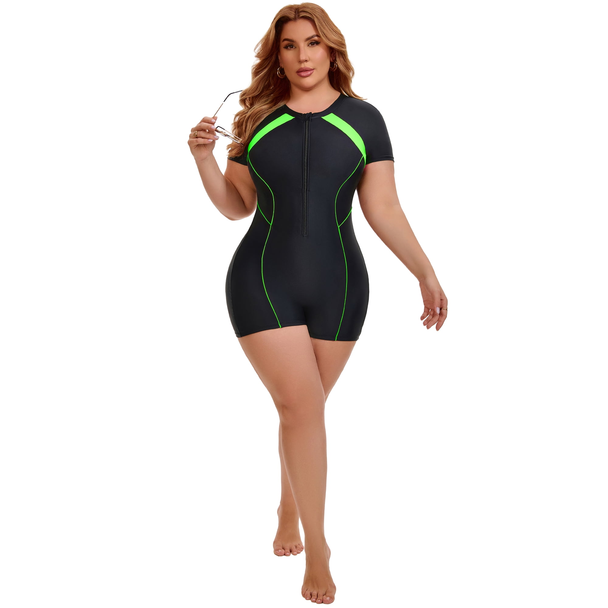 DARING DIVA Women's Plus 1 Piece Surfing with Short Swimwear 4X Black Green
