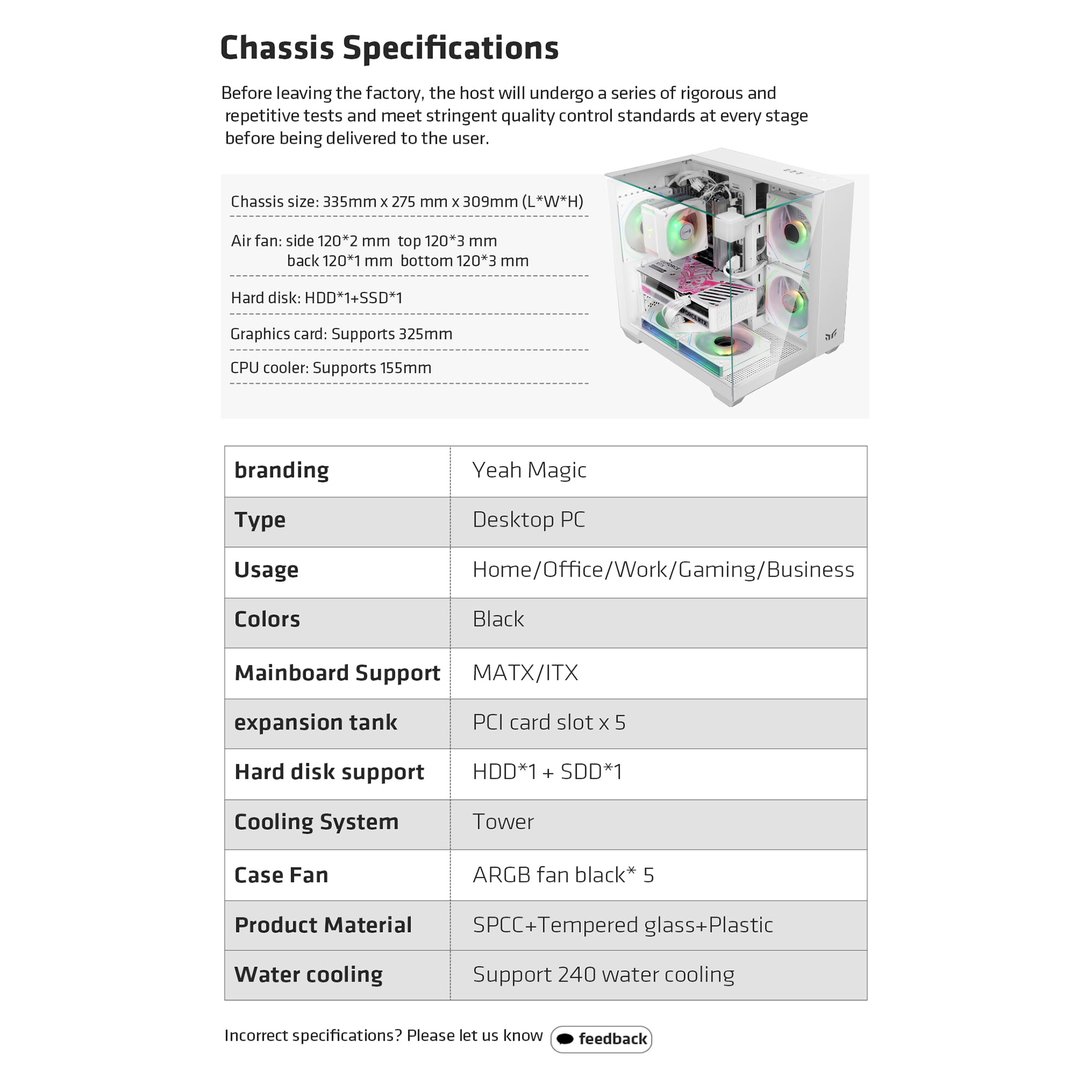 YEAH MAGIC CUBE Gaming computer Case,Tempered Glass ,Three-sided transparent, support MATX, ITX,With 3 RGB Fans, 3D panoramic view, left and right compartments Gaming desktop Case,White