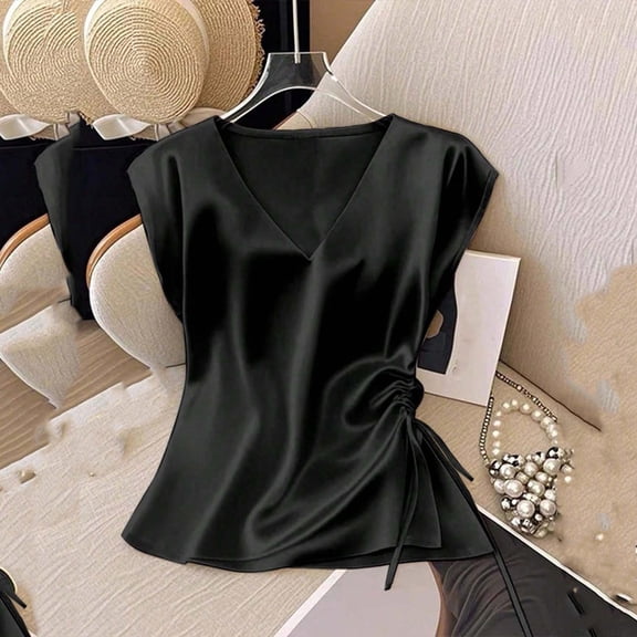 Xuyuer Women Sleeveless Blouse Holiday Summer Solid Slim Fit Wrap Tank Tops V Neck Ruched Tops Side Adjustable Rope Shirts
