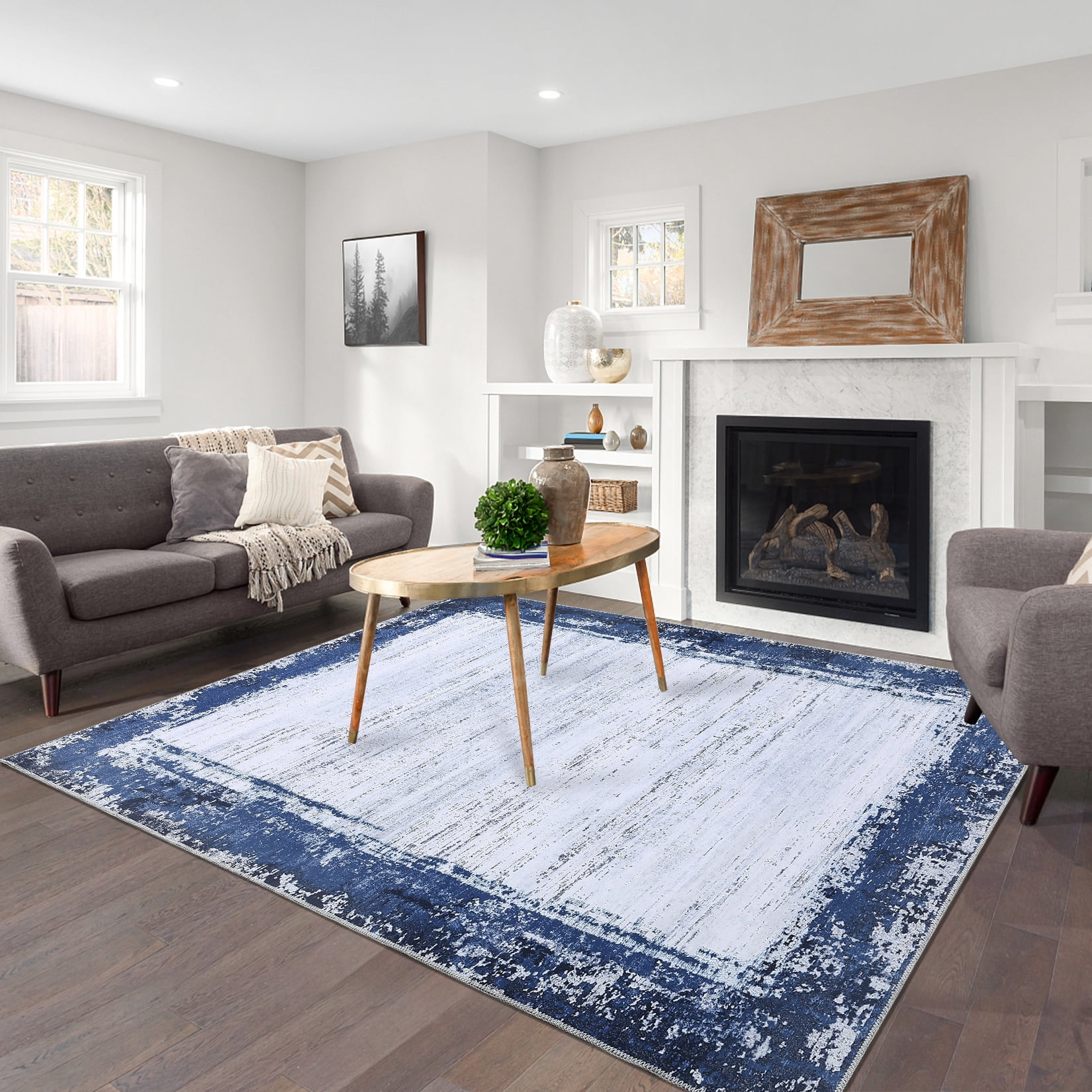 HOMERRY Washable Rugs 8'x 10' Rug for Living Room Bedroom Rug Modern Bordered Thin Indoor Carpet, Navy