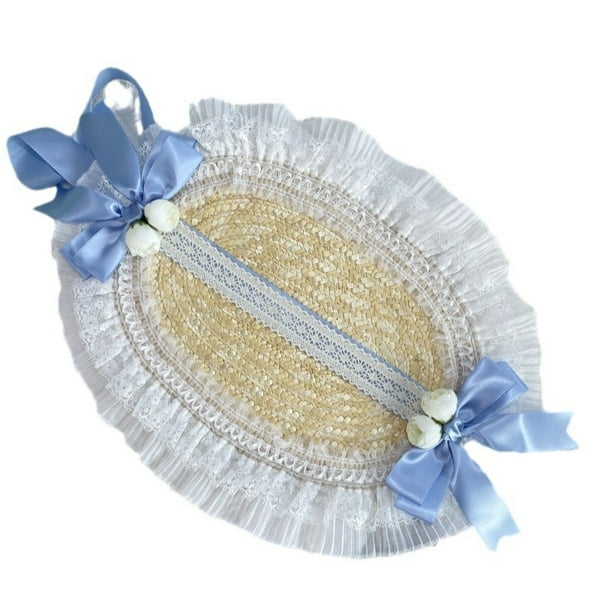 Sombrero de paja para mujer con lazo de satén azul, encaje y flora