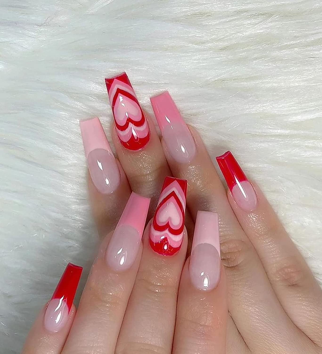 Valentine's Day Press on Nails Long Coffin Nails, Fake Nails with Glue,  Medium Length Acrylic Nails Artificial French Tip for Women/Daily/Party,  24PCS/Set(Pink me Pink) 