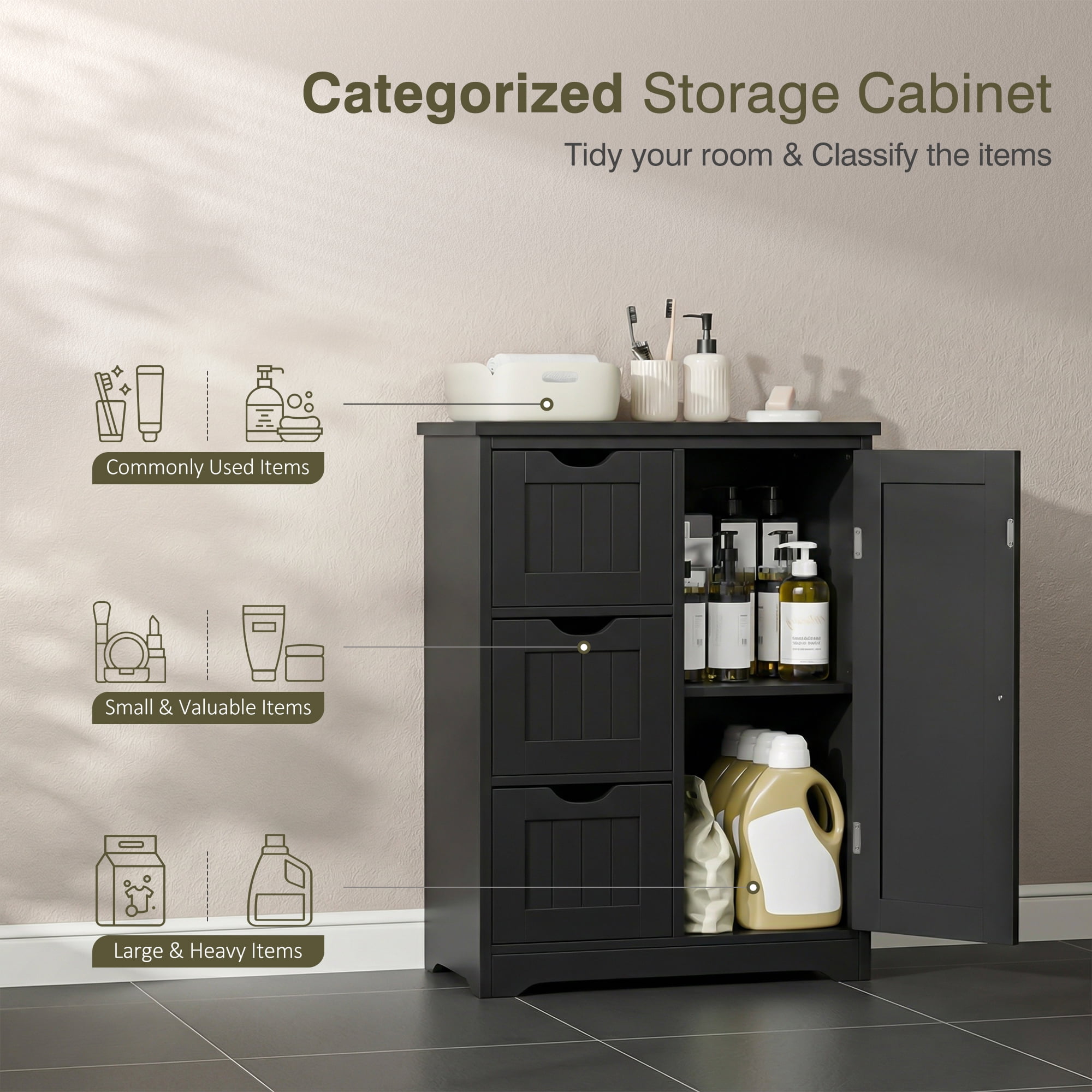 HomGarden 31.5-in Bathroom Floor Cabinet Freestanding Storage Organizer W/ 3 Drawers & Adjustable Shelf for Living Room, Entryway, Black