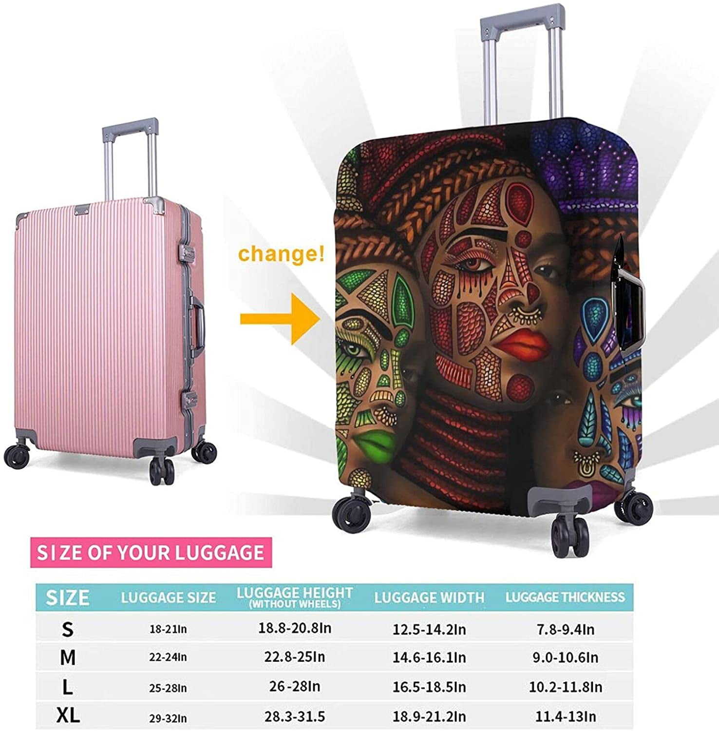 for 18--21 inch luggage 】 Travel Suitcase Protector African American Woman Elastic Protective Washable Luggage Cover With Concealed Zipper Suitable For 18-32 Inch 【S 