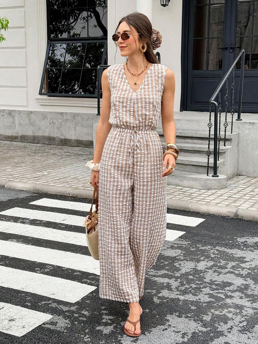 Women's Plaid Striped Sleeveless V-Neck Wide-Leg Jumpsuit,White Summer Boho Holiday Vacation Holiday Casual Elegant Party Wedding Graduation Formal