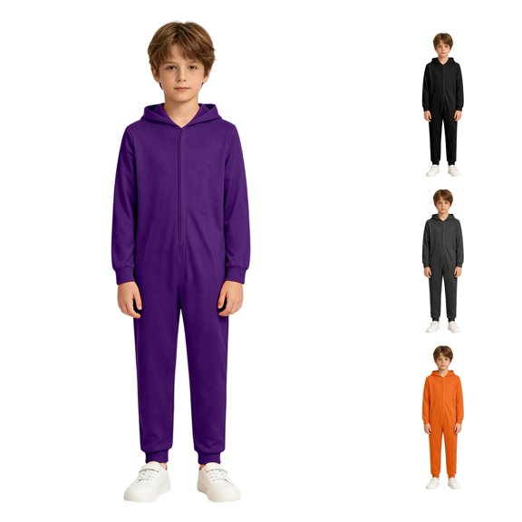 REDARER Kids Hooded Zip‑Up Jumpsuit Solid Long Sleeve Onesie Elastic Cuffs Base Outfit for Halloween Cosplay Role Play Night Event Dress‑Up,8-10 Years