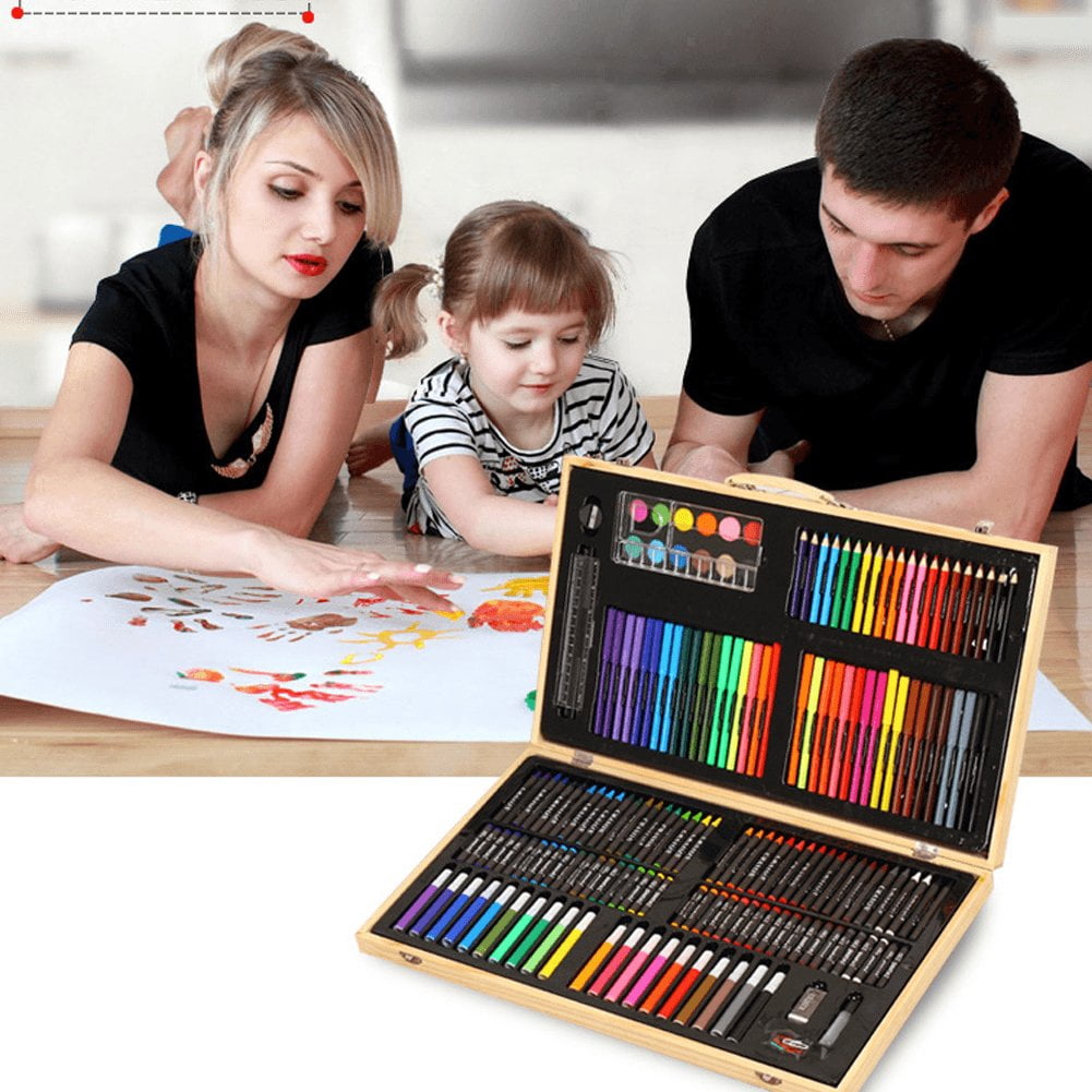 Hzzsbu 180Pcs Art Markers Set with Wooden Box Watercolor Pen Pencil Crayon Oil Pastel for Art Supplies