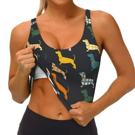 Qokaie Plaid Dachshund Pattern Womens Scoop Neck Sports Bra Breathable Workout Vest Padded U Back Medium Impact Fitness Gym Yoga Bra Workout Crop Top