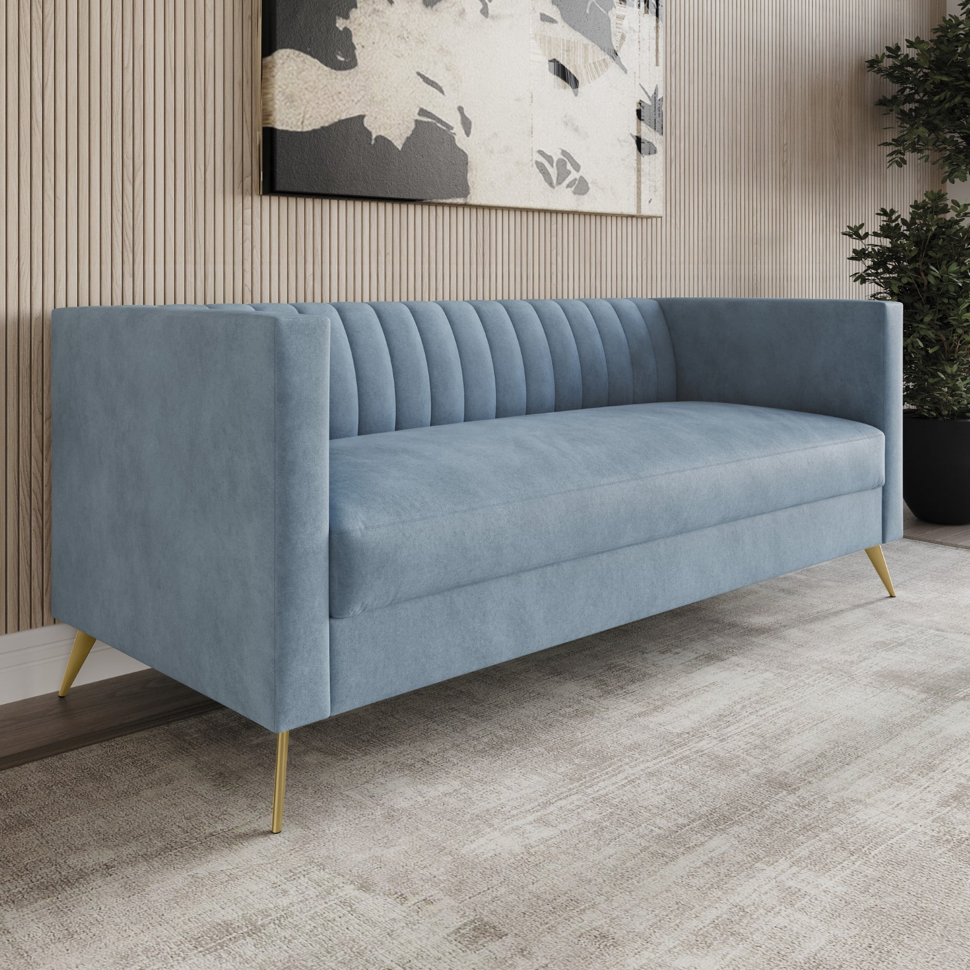 Home Design Weiss 3-Piece Velvet Square Arm Living Room Set with Sofa, Loveseat, and Armchair, Channel-Tufted Back, Gold Legs, Blue