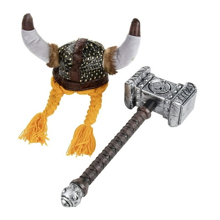 Viking Helmet and Hammer - 2-Pack Adult Party Hat Costume Accessories for Halloween, Themed Birthday Parties, Helmet: 22.7 Inches Circumference, Hammer: 20.7 x 7.7 x 4 Inches