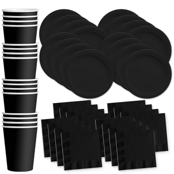 Solid Black Birthday Party Supplies Set Plates Napkins Cups Tableware Kit for 16
