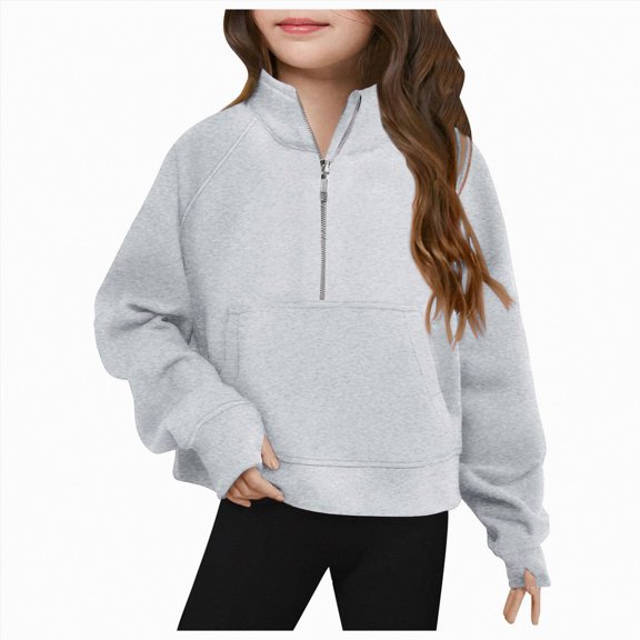 Wonitaaizi Girls Half Zipper Sweatshirts Cute Fall Pullover Crop Tops Girls Long Sleeve Clothes (13-14 Years,Light Gray)