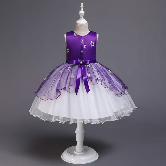 Girls Purple and White Gown Dress with Flower without Sleeves For Wedding, Pageant, Graduation, Birthday, Prom, Thanksgiving, Christmas and New Year ages 4 years old