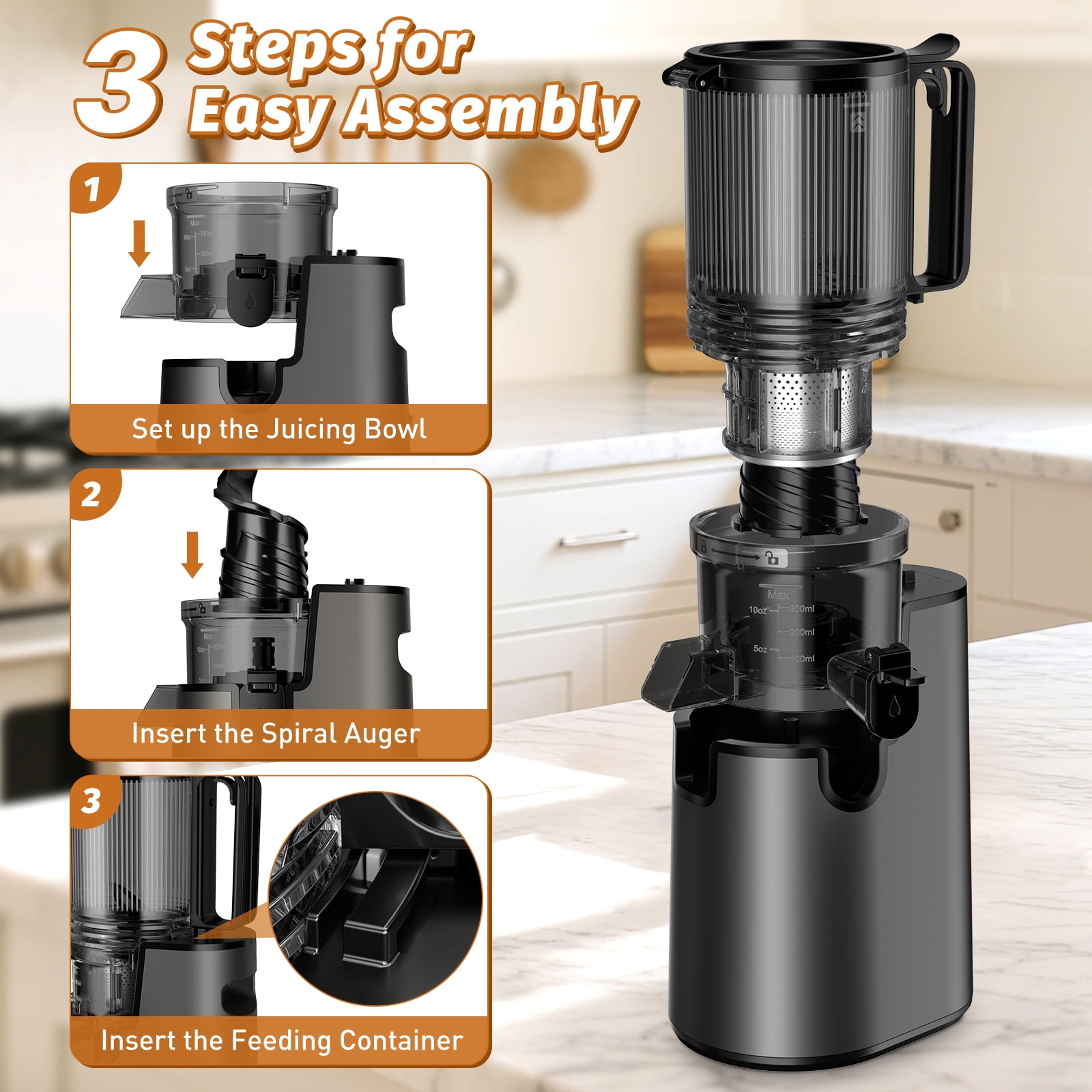 DARKIRON Cold Press Juicer, Masticating Juicer with 5.4" Large Feed Chute, 400W Slow Juicer Machines Fit Whole Vegetables and Fruits,Juicer Machine with High Juice Yield (Black)