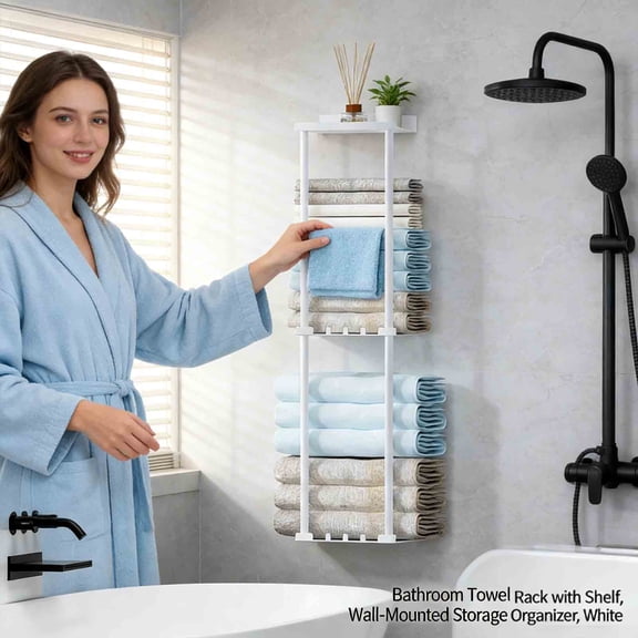 WCUSIHFEW Towel Rack for Bathroom, Towel Holder with Shelf and 6 Hooks, Wall Towel Rack for Bathroom Storage and Organizer, White