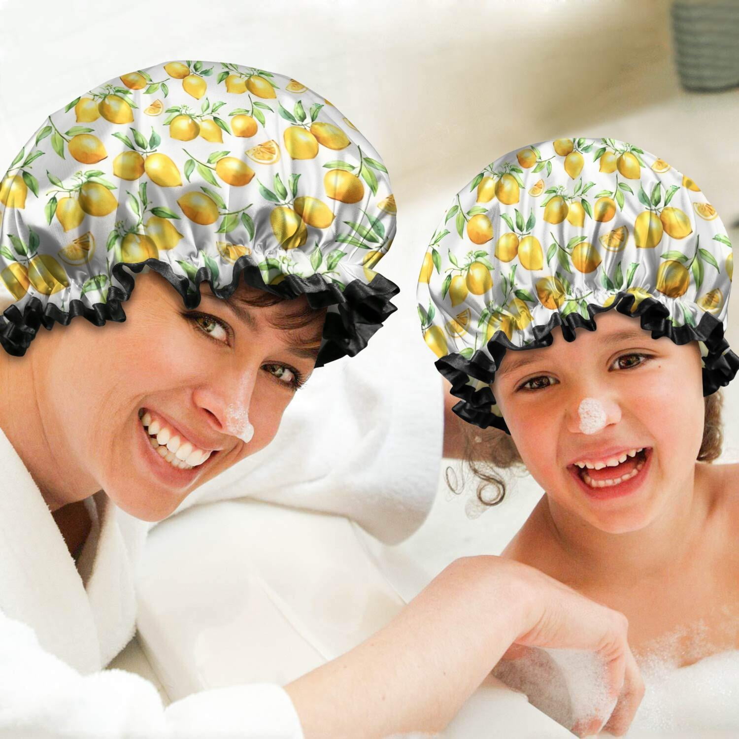 Shower Caps,Yellow Lemon Fruit Slices White Pattern Waterproof Shower Cap for Women 4 Pieces,Double Reusable Hair Cover for Shower PEVA Elastic Stretch Hem
