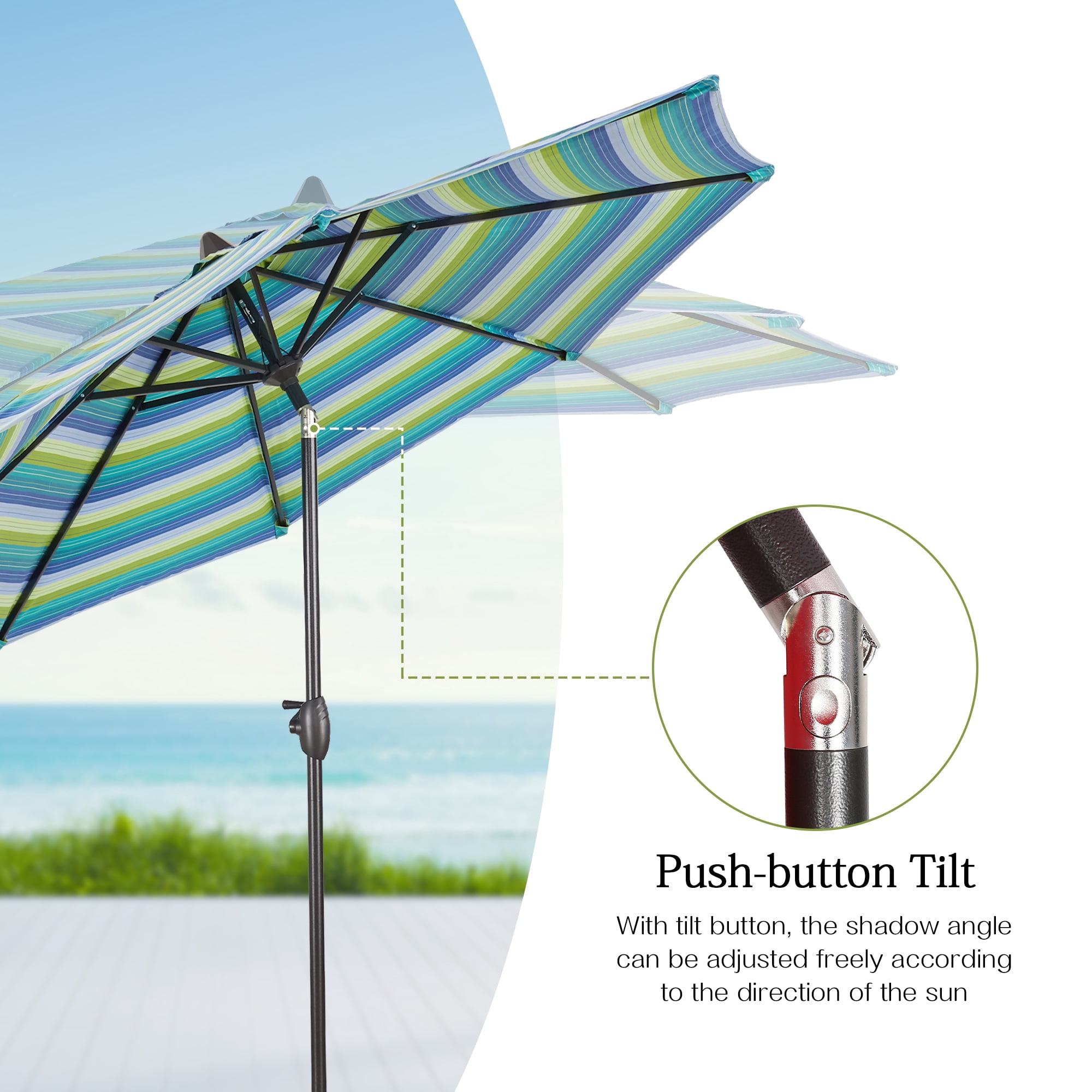Iwicker 9Ft Patio Umbrella Sunbrella Outdoor Aluminum Market Umbrella with Crank and Push Button Tilt, Green Stripe