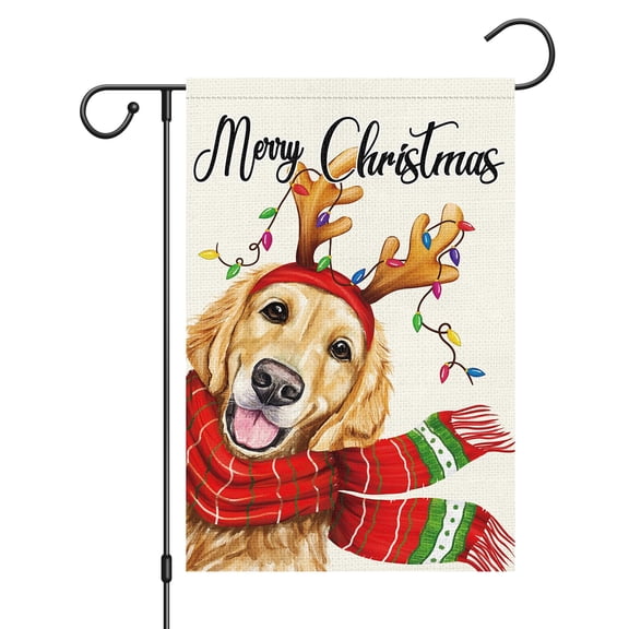 Winter Welcome Merry Christmas Garden Flag 12x18 Double Sided Burlap Golden Retriever Dog Outdoor Sign