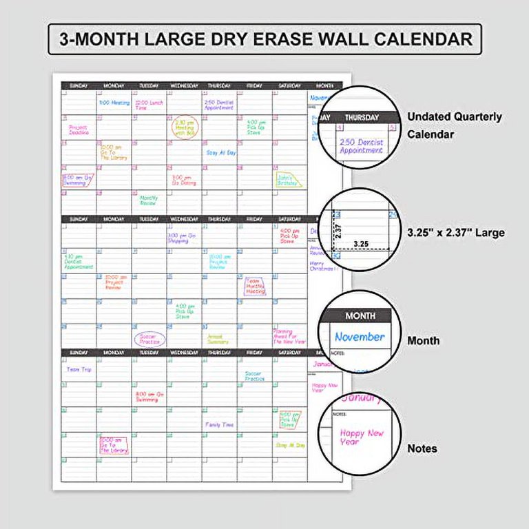 Large Dry Erase Calendar for Wall,3 Month Vertical Wall Calendar, Blank  Reusable Monthly Quarterly Calendar Planner Undated, 27.8